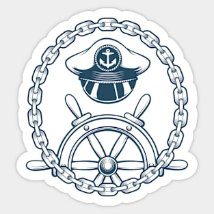 Nautical Emblem with Captain Hat and Navigation Wheel. Sticker